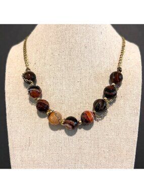 VTG Gold Tone Brown & Orange Beaded Chain Necklace Size 22" Adjustable